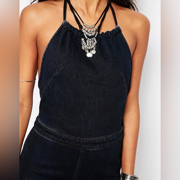 Free People Hearts on Fire Denim Jumpsuit Tijuana Halterall Size 2 Dark Blue - Picture 2 of 10